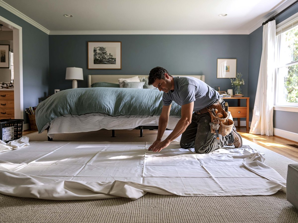 Drywall contractor in a work shirt and tool belt standing beside a homeowner in a bright living room, both looking along a knockdown textured wall toward a tall window, a folded step ladder behind them