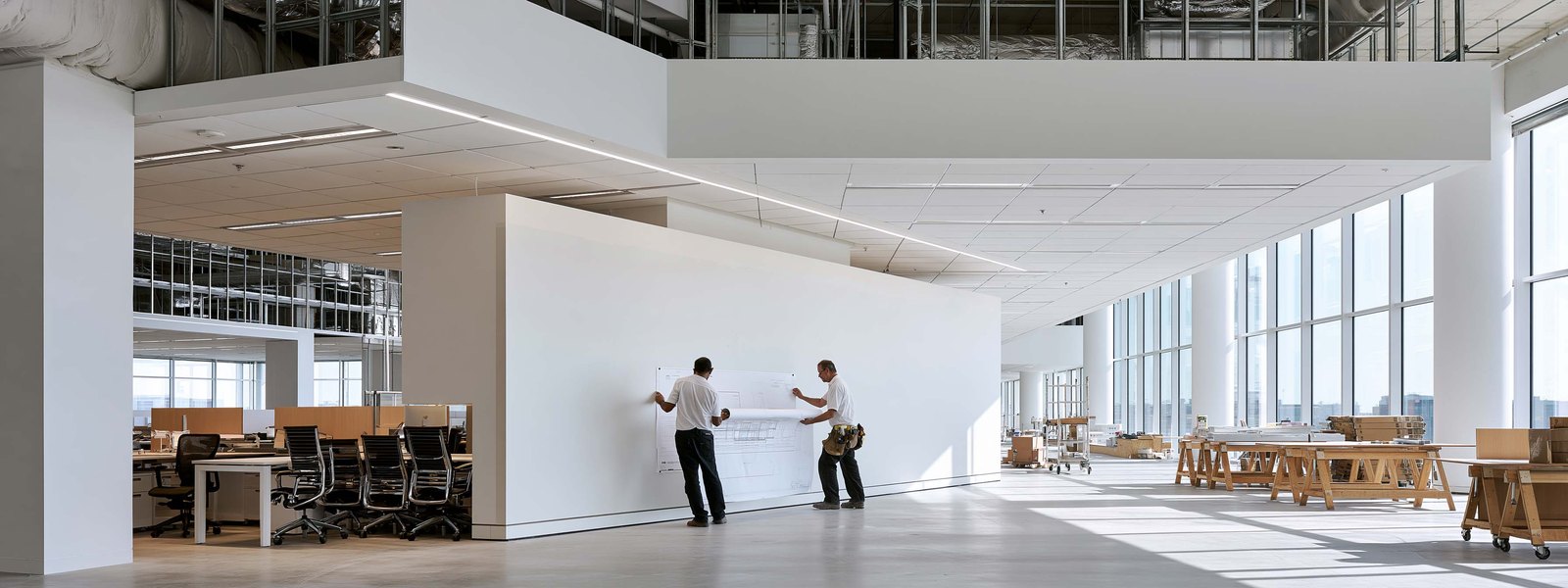 Finished commercial corridor with warm off white walls running the length of the frame under a suspended ceiling grid, a canvas drop cloth and a folded step platform against one wall, daylight from full height windows at the far end