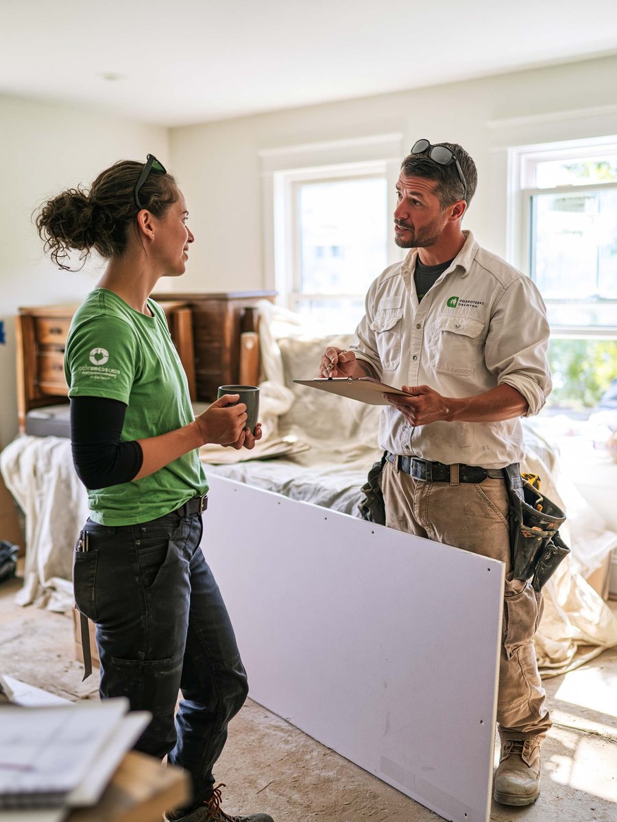 Homeowner and a drywall contractor standing together in a half-finished room, both looking at a length of bare wall, daylight through an uncurtained window and furniture stacked under a sheet behind them