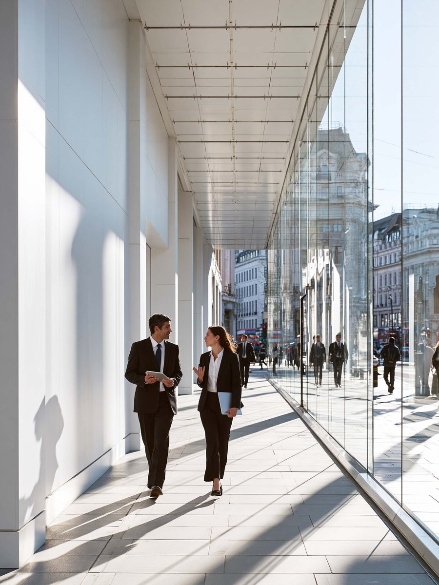 Two people in business clothes standing together in an empty retail space looking at a long bare wall, one holding a folded drawing, the storefront glass and the street behind them
