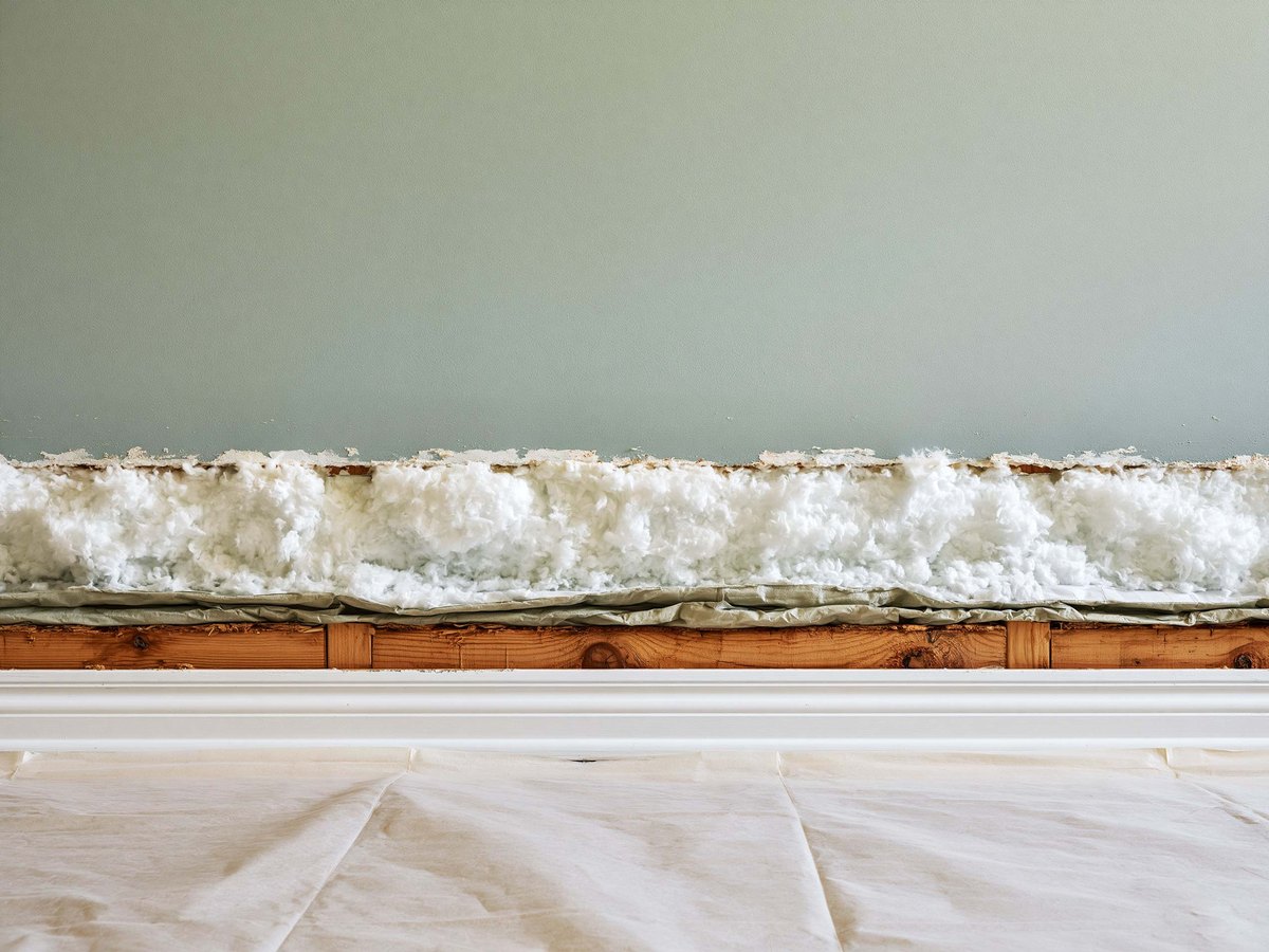 Low band of interior wall cut open in a clean straight line above the baseboard, the cavity behind open and dry with the insulation pulled out, the removed strip of board standing against the wall beside a lidded bucket
