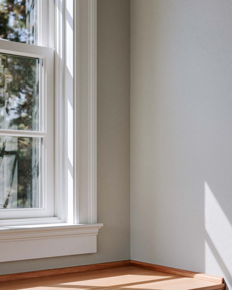 Upper corner of a white painted door casing meeting a knockdown textured wall painted warm off white, a fine hairline running up out of the corner, daylight crossing the surface from one side