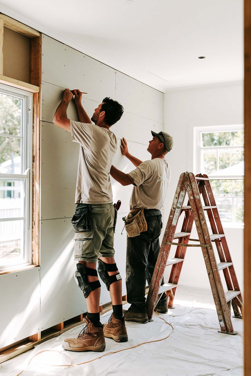 New pale gray drywall hung square and flush across one end of a room addition, the joints open and unfinished, a lidded bucket and a mud pan standing together on a canvas drop cloth