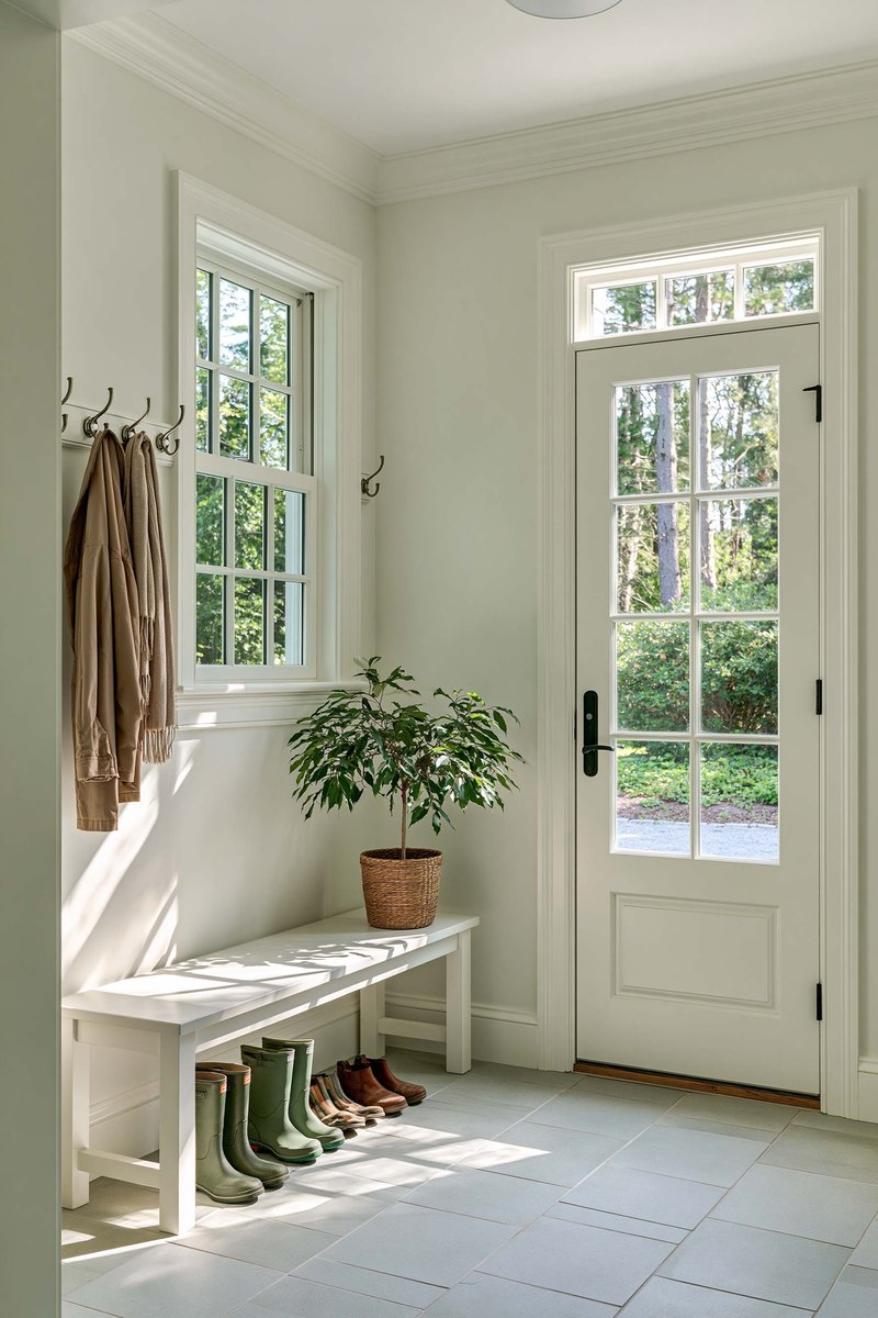 Small bathroom ceiling, dry and evenly finished in flat white above a shower, soft white tile to shoulder height under a pale warm gray wall, a folded towel on the rail